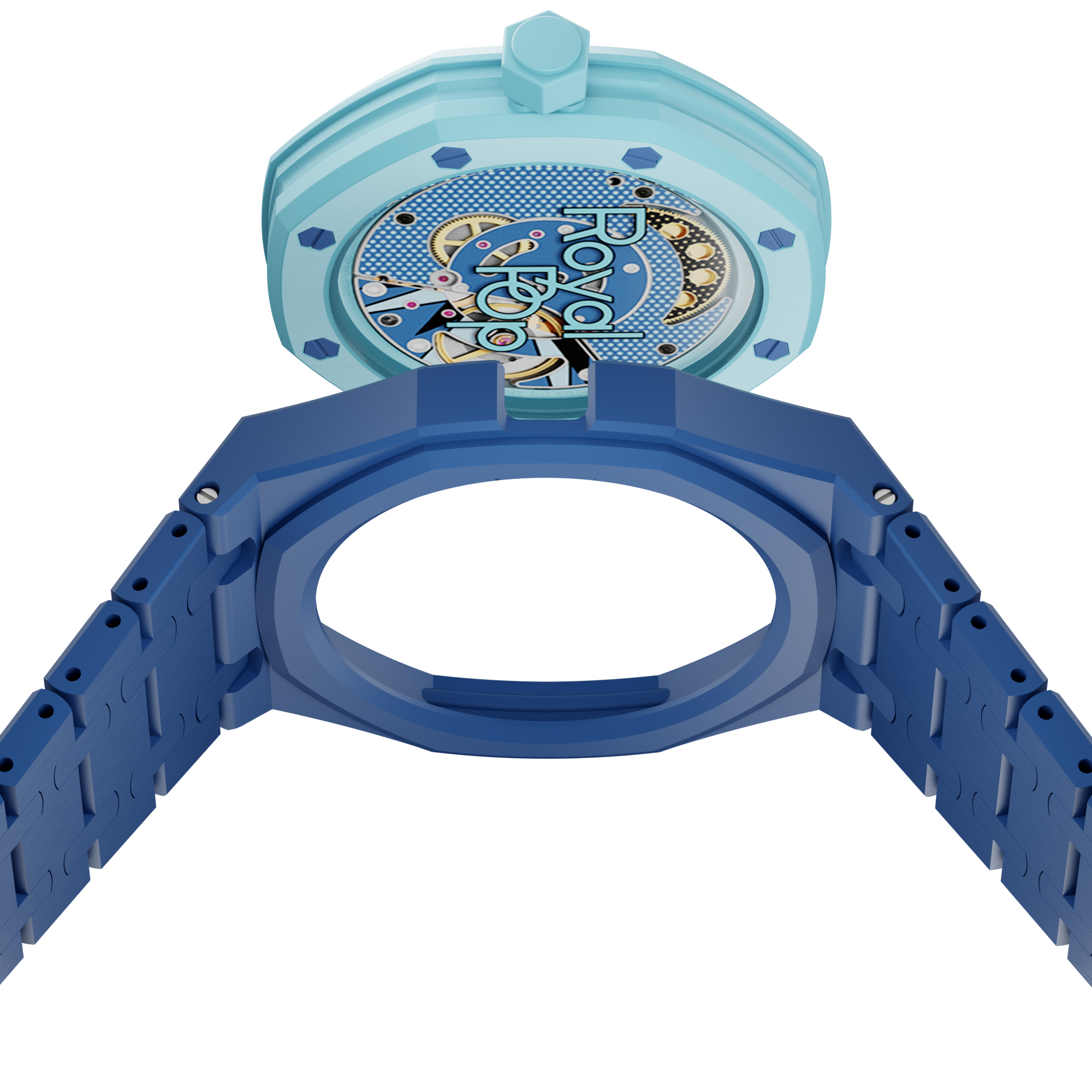 Blaue Uhr offen seitlich